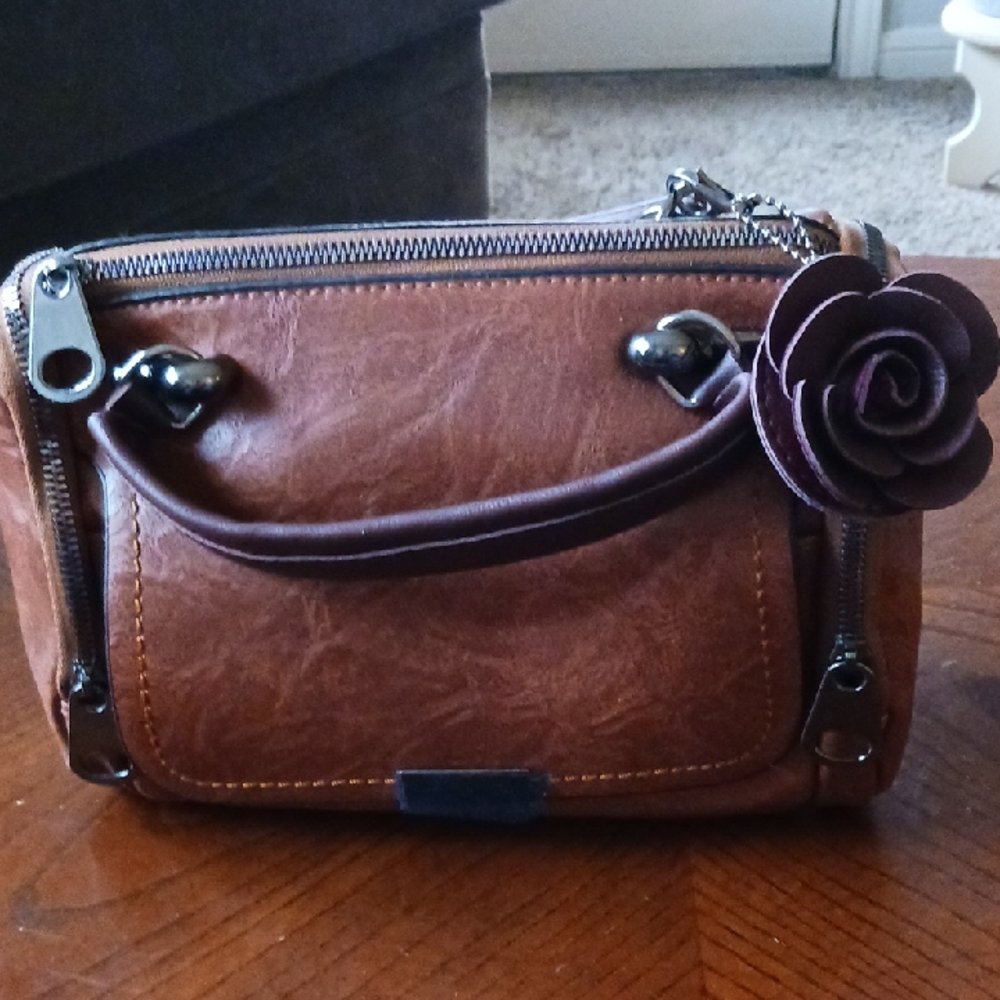 Brown Handbag with Floral Accent